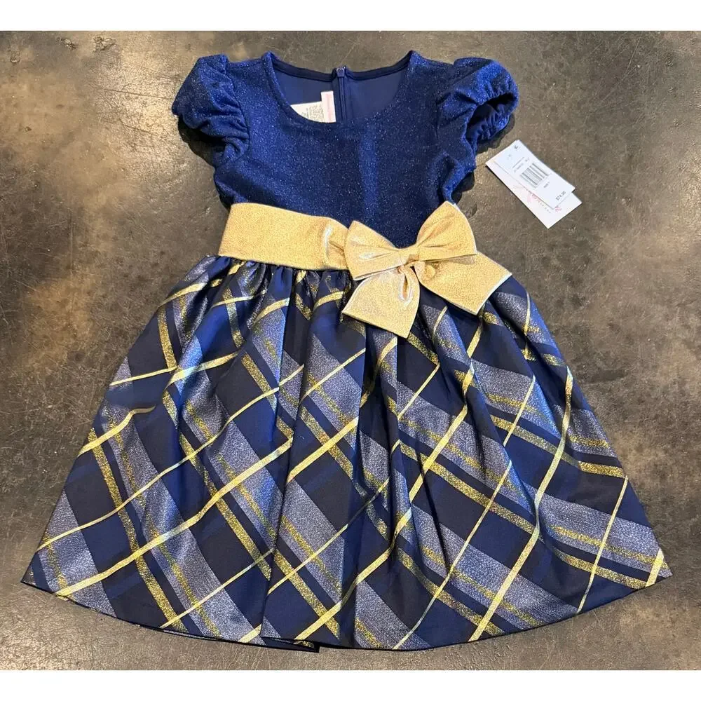 Bonnie Jean Little & Big Kid Girls Short Sleeve Fit+Flare Dress Blue & Gold Sz.7